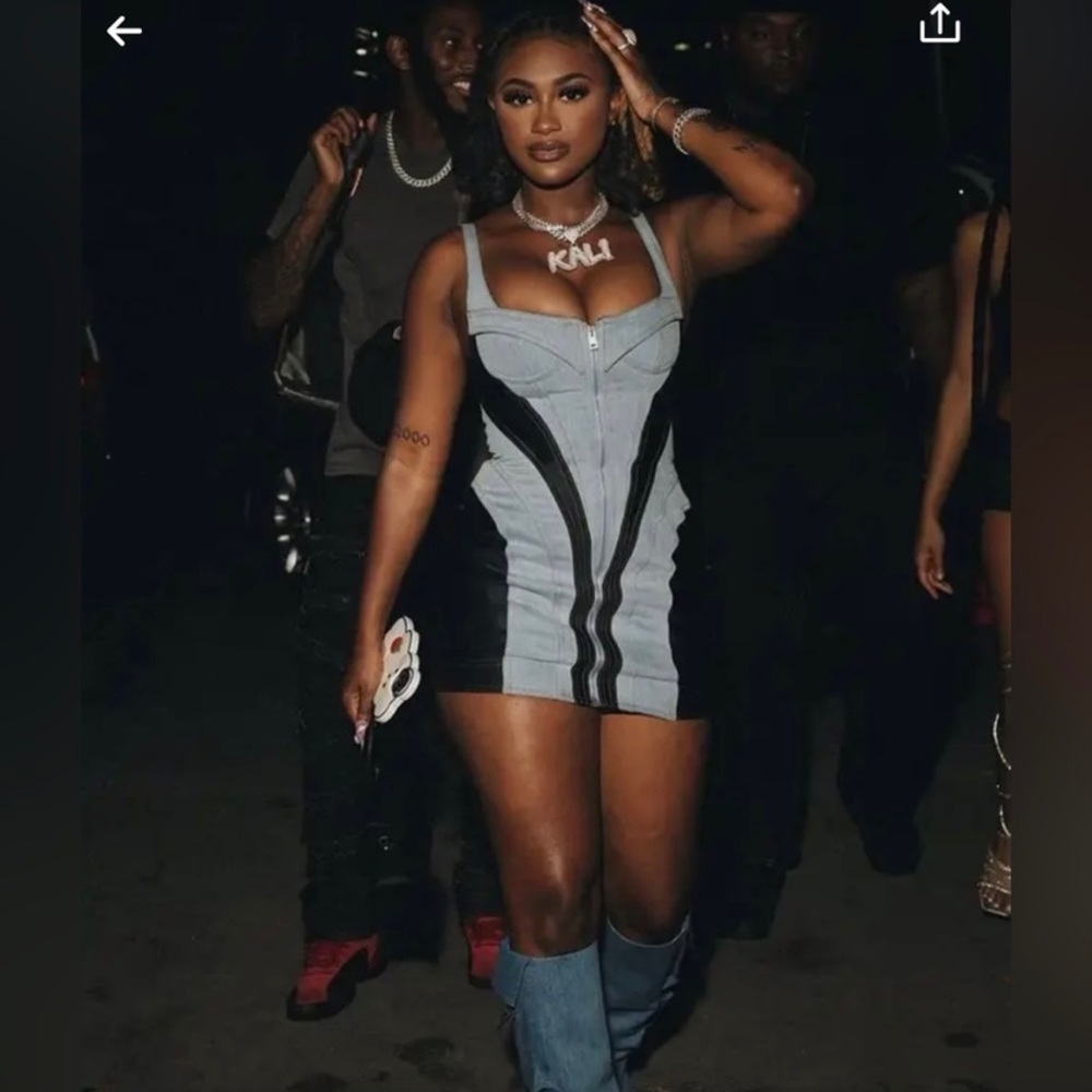 MUGLER CORSET DENIM STREET RACE DRESS LIGHT BLUE BLACK Sz S